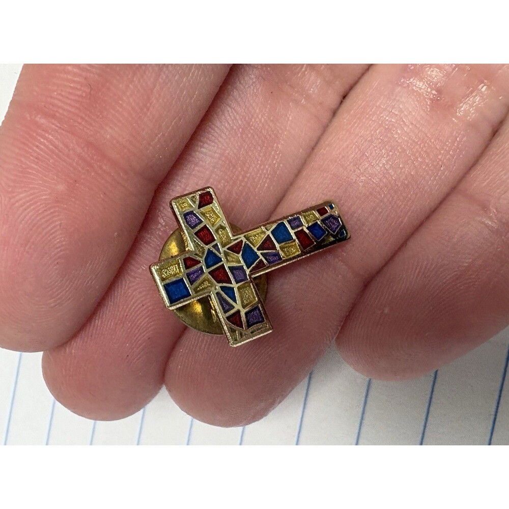 Vintage Cloisonné Enamel Cross Lapel Pin Stained Glass Style Christian Brooch